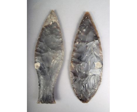 Two Danish Neolithic flint blades; one of tear drop shape with a serrated edge 23.5cm long the other of fish shape with a ser