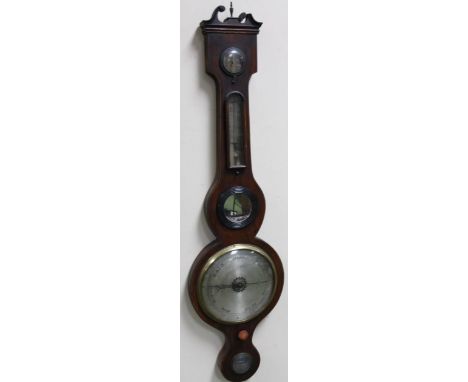 A 19thC mahogany and boxwood strung four dial banjo barometer, centred by a bullseye glass and surmounted by swan neck pedime