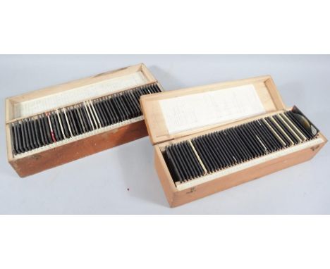 Various late 19thC and early 20thC magic lantern slides, to include The Amateur Skatist, mainly 8cm wide. (2 cases)