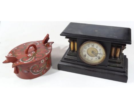 A late 19thC ebonised wooden marble finish mantel clock, with rectangular top raised above 15cm dia. Arabic dial revealing an