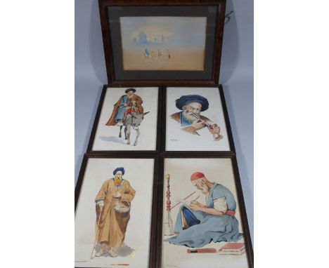 K Leroye (20thC School). Figures in a desert on camels being led before buildings, gouache, signed, 18cm x 28cm, various othe