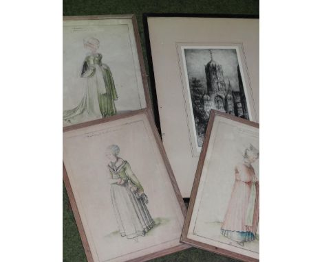 J Alphege Brewer (1909-1938). Oxford, Christ Church etching, signed and titled to the mount, 31cm x 16cm, and three prints of