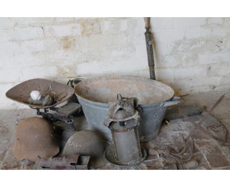 Various metalware, a 20thC army helmet, possibly German, of shaped outline with part leather interior, 17cm high, another hel