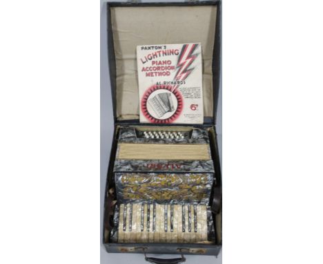 A mid 20thC Art Deco design piano accordion by Alvari, in pressed cased, 40cm wide.