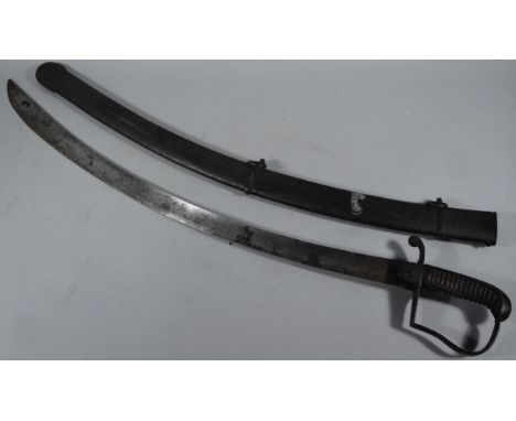 A 19thC cavalry sword, with wide plain metal curved blade, iron hand guard and turned handle, with scabbard, 100cm wide.