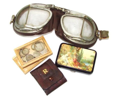 A japanned style cigarette case, containing a quantity of mid 20thC cigarettes, a leather vesta case, containing Players matc
