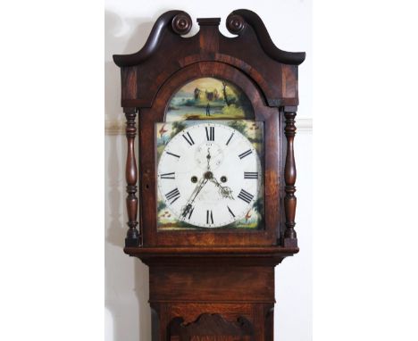 A 19thC oak and mahogany country 8 day longcase clock, the swan neck pedimented hood enclosing a painted face with Roman nume