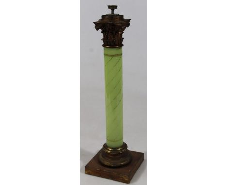 An early 20thC Corinthian column table lamp, with an upper gilt highlighted cylindrical glass stem on a square foot with fitt