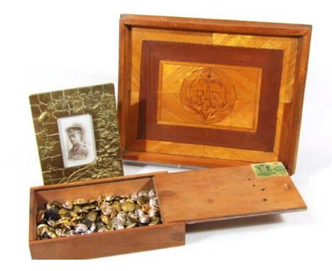 Bygones comprising an early 20thC brass mirror, raised with a crazy paving and inset decoration, set with a photographic prin