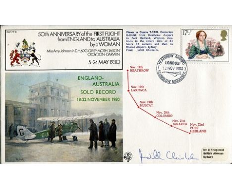 Female Solo world record pilot-50th anniversary of the first flight from England to Australia by a woman cover, signed by Jud