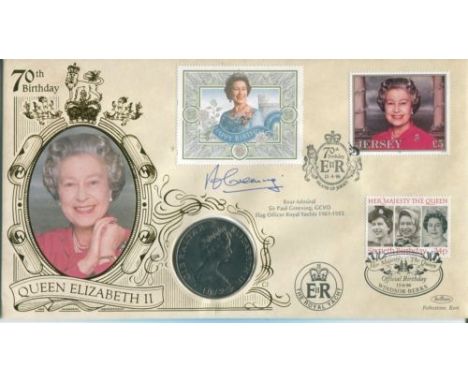 Benham signed FDC-Benham 70th birthday HM the Queen coin cover with Royal Yacht cachet signed by Rear Admiral Sir Paul Woollv