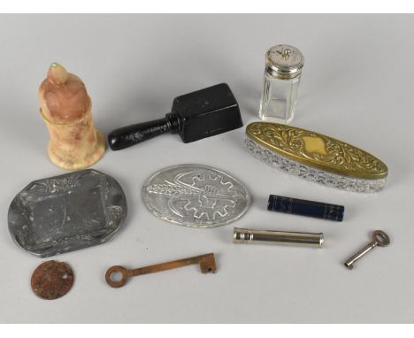 A Collection of Various Items to Comprise Turned Stone Pot, Glass and Silver Plate Mounted Dressing Table Pots, Pewter Souven