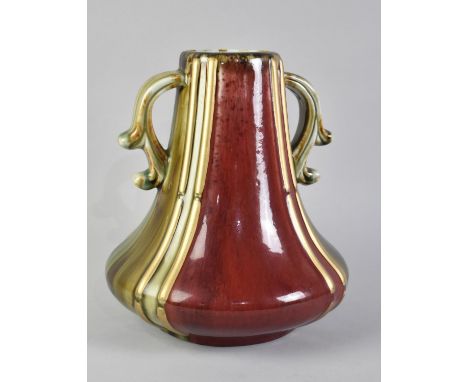 A Ceramic Twin Handled Vase, Two Tone Glaze with Gilt Highlights, 26cm high