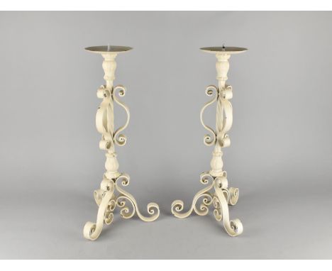 A Pair of Modern Cream Painted Wrought Iron Tripod Candle Prickets, Each 50cms High