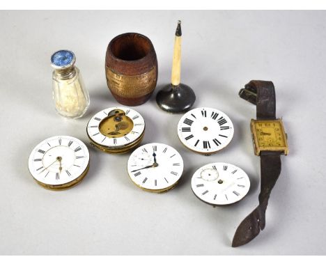 A Collection of Various Pocket Watch Movements for Spares and Repairs, Vintage Wristwatch, Teak Barrel from HMS Ganges, Silve