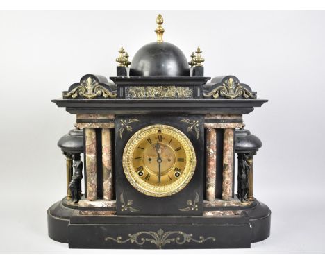 A Late 19th Century French Black Slate and Marble Mantel Clock with Ormolu Mounts, Architectural Design with Classical Figure