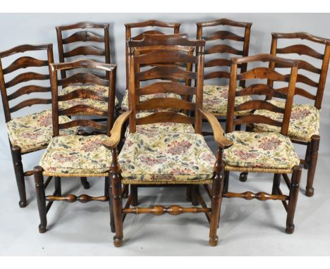 A Set of Nine 18th/19th Century Rush Seated Ladder Back Chairs with Tapestry Cushion Pad Seats