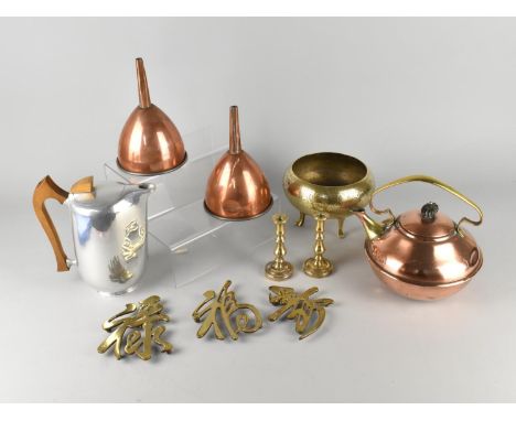 A Collection of Various Metalwares to Comprise Copper Funnels, William Soutter Sons Copper and Brass Kettle, Chinese Brass Tr