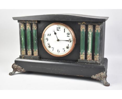 A Late 19th/Early 20th Century Ebonized Wooden Case Mantel Clock of Architectural Form with Half Reeded Pilaster Decoration a