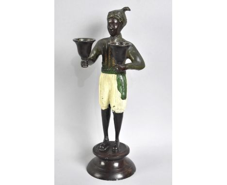 A Modern Cold Painted Bronze Figural Double Candlestick, 26.5cms High