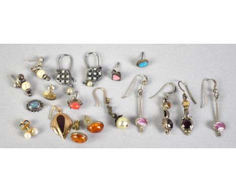 A Collection of Various Silver, Gold and White Metal Jewelled Earrings to include Pearl Mounted, Opal, Amber, Garnet Examples
