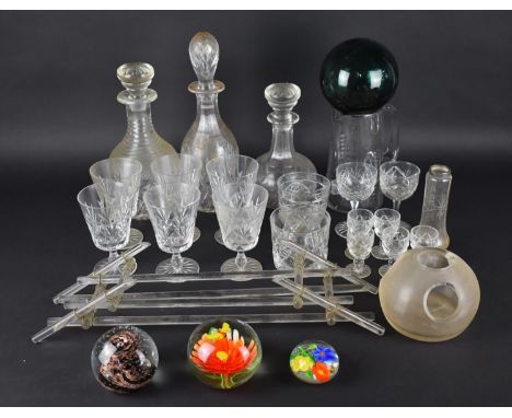 A Collection of Various Glass to Comprise Match Striker, Paperweights, Silver Mounted Vase, Wines, Decanters etc