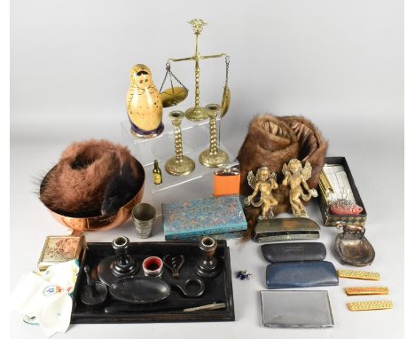 A Collection of Various Vintage Sundries to Comprise Hedgehog Pin Cushion, Ebonised Dressing Table Set, White Metal Beakers, 