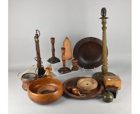 A Collection of Various Treen to Comprise Lamp Bases, Bowls, Candlesticks etc