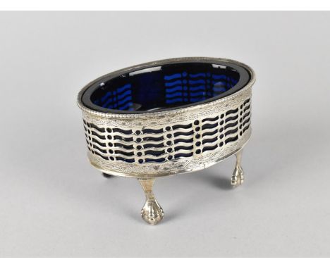 A Georgian Silver Salt with Pieced Body Raised on Four Claw and Ball Feet, Complete with Blue Glass Line, 8.5cm wide and 5.5c