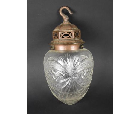An Early 20th Century Hanging Glass Light Shade with Engraved Decoration and Metal Hanger, 27cms High