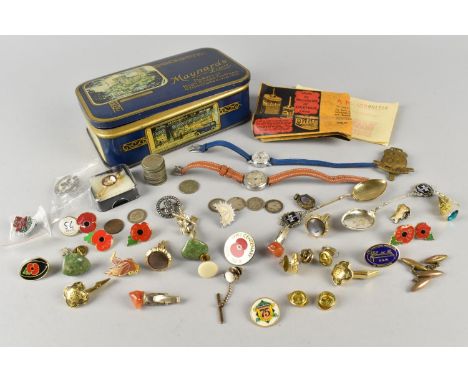 A Vintage Maynards Tin Containing Various Items to Comprise Victorian and Later Silver and Other Coinage, Silver Mexican Broo