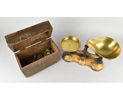 A Vintage Kitchen Scale with Brass Pans Together with a Vintage Pine Box Containing Various Brass Weights etc