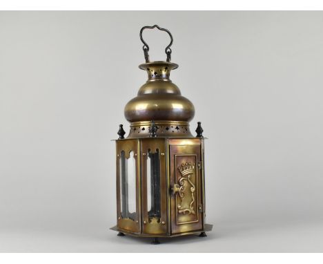 A Modern Patinated Brass Octagonal Candle Lantern, 41cms Hig