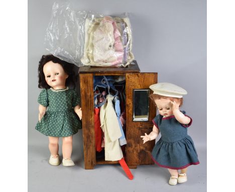Two Vintage Dolls and a Hand Made Wooden Wardrobe Containing Vintage Dolls Clothes, Wardrobe 38cms High