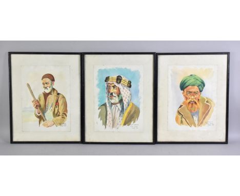 A Set of Three Persian Portrait Watercolours from Studio Decor, Tehran, Dated 1951,1952 and 1958 Signed R. GH Zarian, All 22x