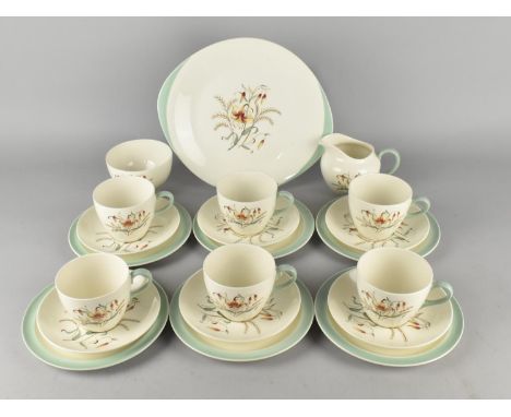 A Wedgwood Tiger Lily Tea Set for Six To Comprise Cups, Saucers, Side Plates, Milk Jug, Sugar Bowl and a Cake Plate