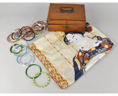 An Early 20th Century Wooden Box Containing Various Bangles and a Japanese Scarf