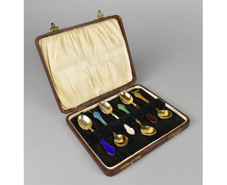 Six Danish Gilt Silver and Enamelled Teaspoons by Meka, Fully Signed Verso, Complete with Box