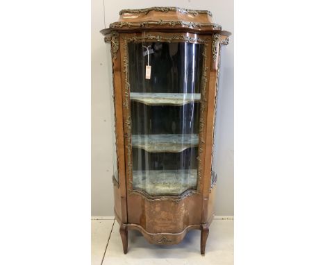 A late 19th century Louis XV style gilt metal mounted marble top marquetry inlaid mahogany vitrine, width 90cm, depth 45cm, h