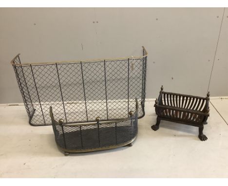 Two fireguards and a fire basket, largest fireguard, width 121cm, depth 31cm, height 66cm, inside measurement 108cm