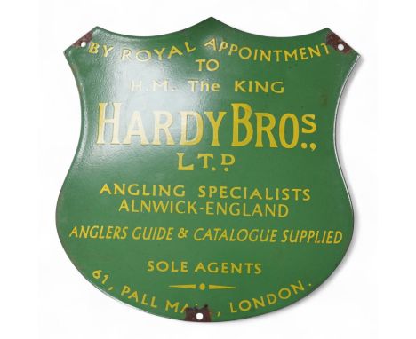 An enamel advertising shield for Hardy Brothers Ltd. angling specialists, 30cm high
