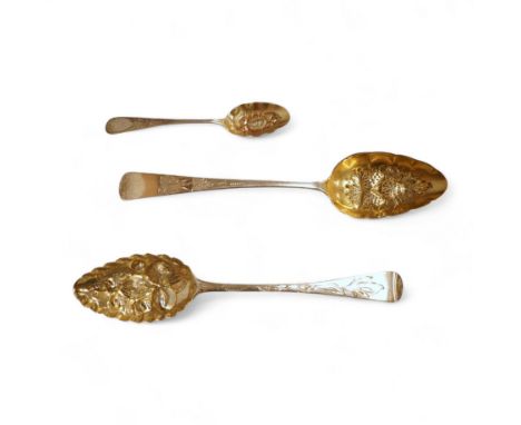Three George III silver berry spoons, comprising a teaspoon and two Old English pattern tablespoons, one by Parsons &amp; Gos
