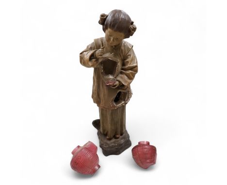 A Goldscheider cold painted terracotta figural lamp with two cranberry glass shades, 55cm high
