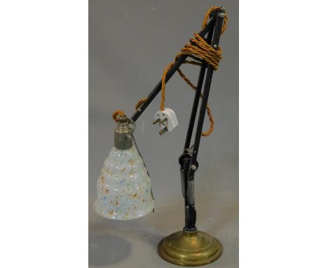 A vintage brass and metal anglepoise lamp with coloured glass shade. H.55cm 