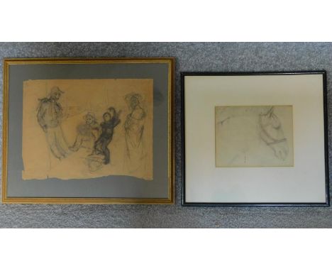 A framed and glazed pencil sketch, figural group and another of a horses head. 43x37cm (largest) 