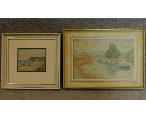 A framed and glazed watercolour, The railway bridge at Kew and a seascape. 44x34cm 