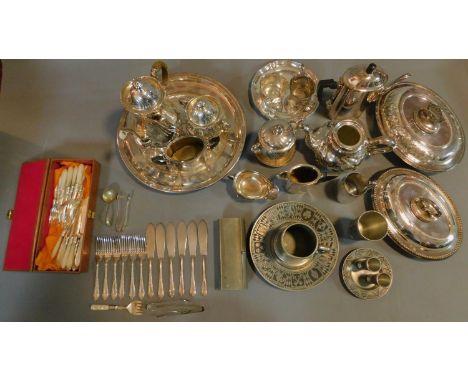 A large collection of miscellaneous silver plated items to include two 19th century tureens and flatware and a coffe set and 