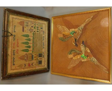 A framed embroidery, birds in flight and another framed tapestry. 72x78cm 