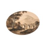William Gilpin (1724-1804) - Sepia watercolour - Triple arched bridge with figures and mountain to