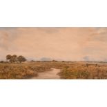 Circle of Frederick W. Watts, stream in an open landscape, indistinctly signed, 4.25" x 8.75".